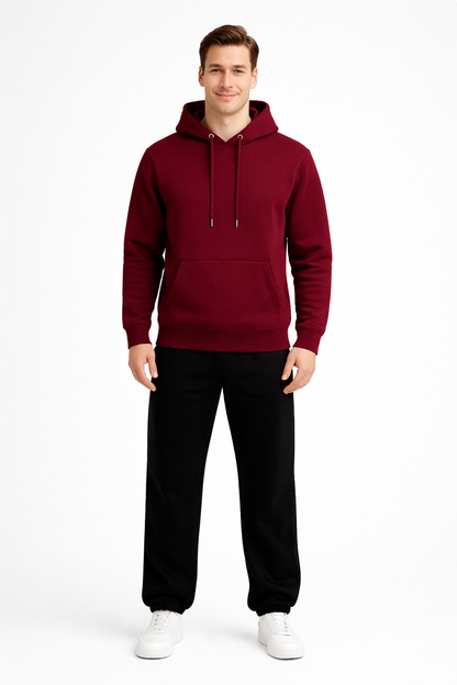 Erkek Bordo 3 İplik Pamuklu Kapüşonlu Sweatshirt Basic Hoodie Kanguru Cepli