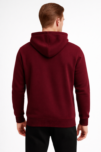 Erkek Bordo 3 İplik Pamuklu Kapüşonlu Sweatshirt Basic Hoodie Kanguru Cepli
