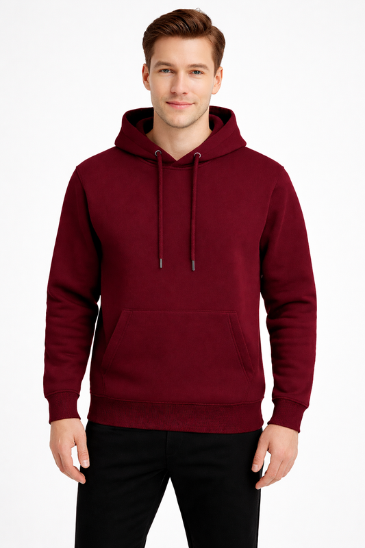 Erkek Bordo 3 İplik Pamuklu Kapüşonlu Sweatshirt Basic Hoodie Kanguru Cepli