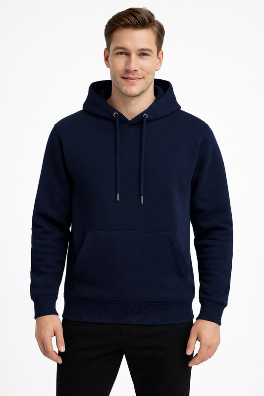 Erkek Lacivert 3 İplik Pamuklu Kapüşonlu Sweatshirt Basic Hoodie Kanguru Cepli