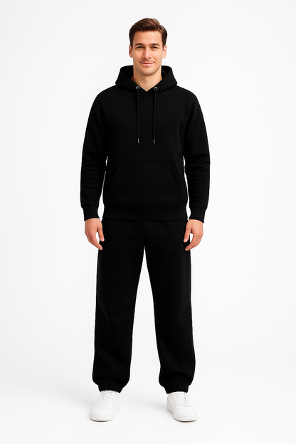 Erkek Siyah 3 İplik Pamuklu Kapüşonlu Sweatshirt Basic Hoodie Kanguru Cepli