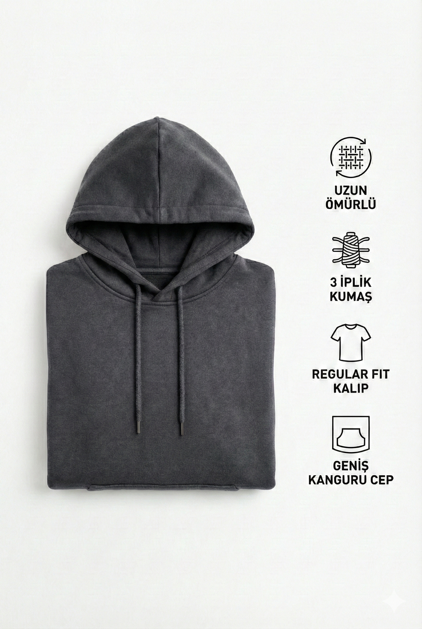 Erkek Füme 3 İplik Pamuklu Kapüşonlu Sweatshirt Basic Hoodie Kanguru Cepli