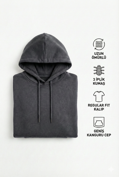 Kadın Füme 3 İplik Pamuklu Kapüşonlu Sweatshirt Basic Hoodie Kanguru Cepli
