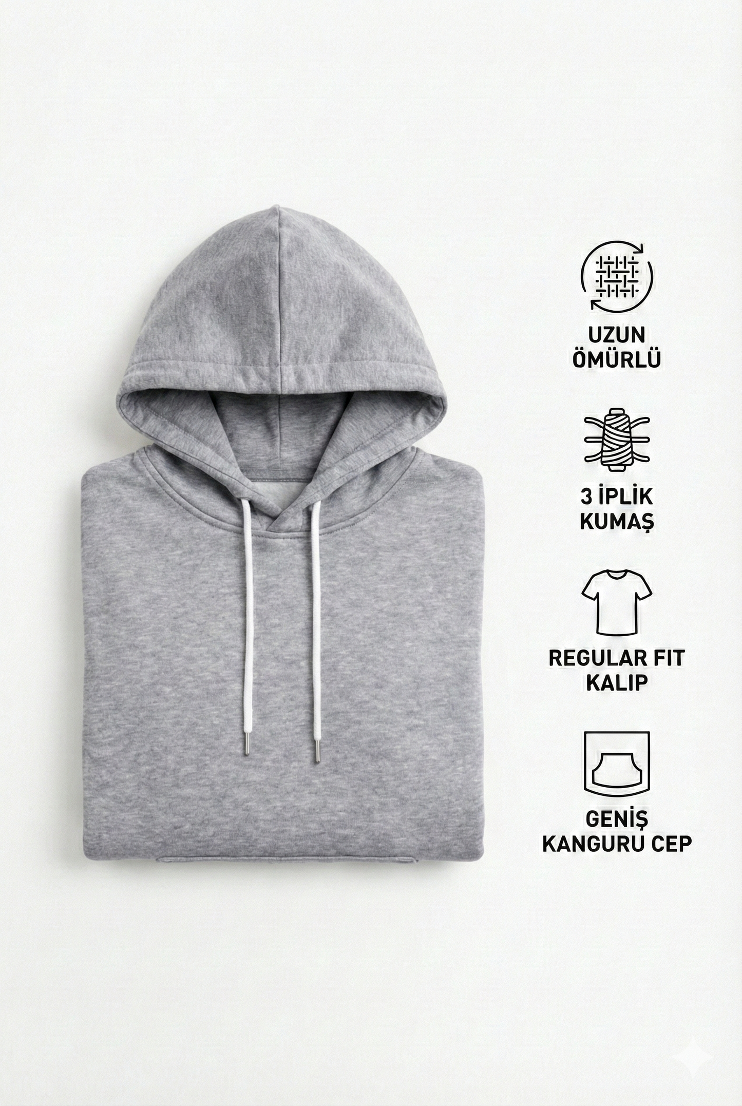 Erkek Gri 3 İplik Pamuklu Kapüşonlu Sweatshirt Basic Hoodie Kanguru Cepli