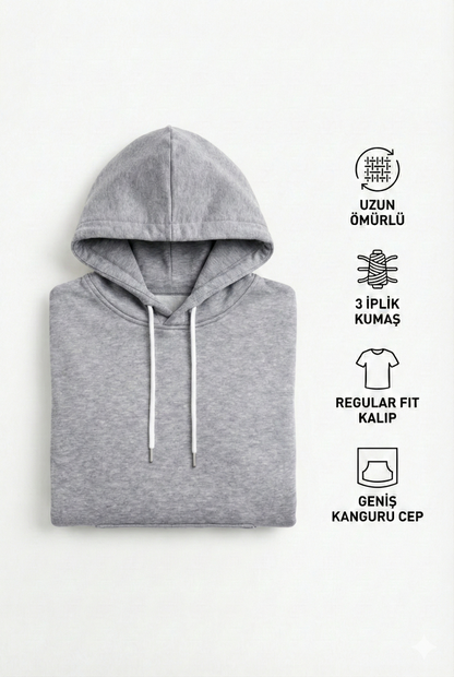 Erkek Gri 3 İplik Pamuklu Kapüşonlu Sweatshirt Basic Hoodie Kanguru Cepli