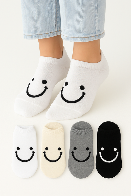 Kadın Dikişsiz Soft Pamuklu Smile Desenli Happy Socks 4'lü Sneakers Çorap