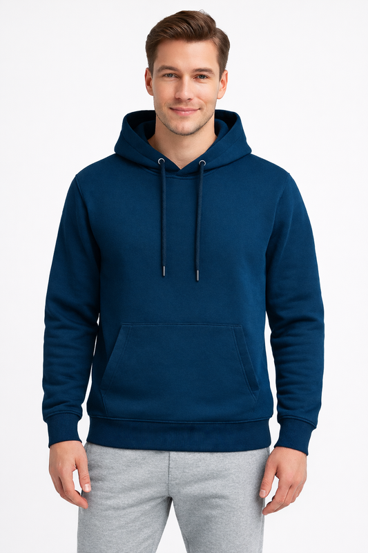 Erkek Gece Mavisi 3 İplik Pamuklu Kapüşonlu Sweatshirt Basic Hoodie Kanguru Cepli