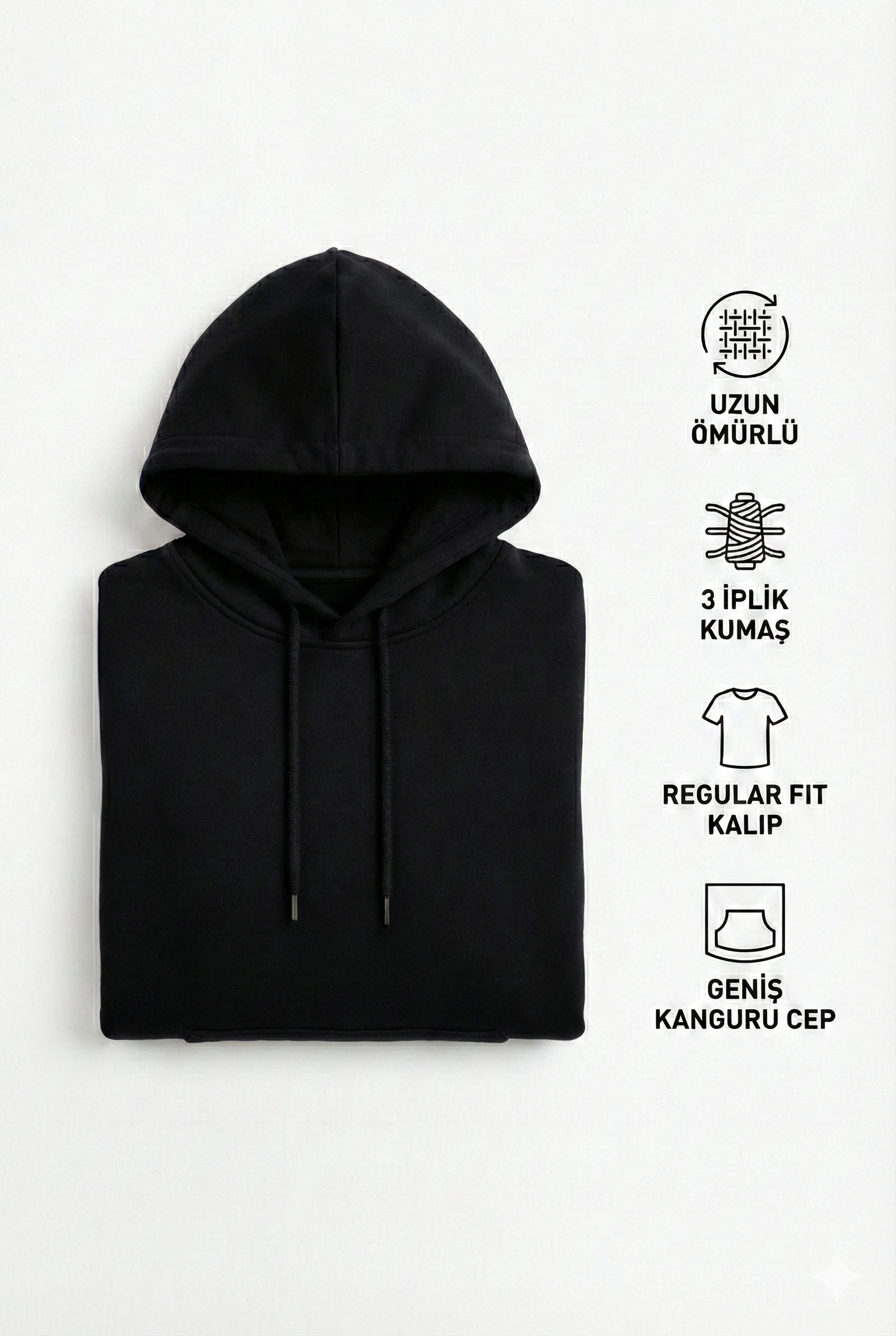Erkek Siyah 3 İplik Pamuklu Kapüşonlu Sweatshirt Basic Hoodie Kanguru Cepli