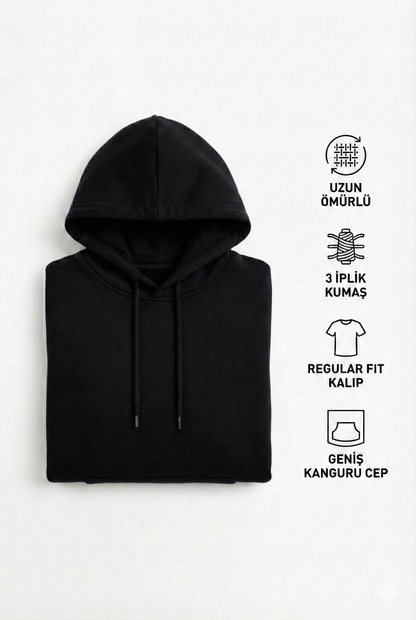 Erkek Siyah 3 İplik Pamuklu Kapüşonlu Sweatshirt Basic Hoodie Kanguru Cepli