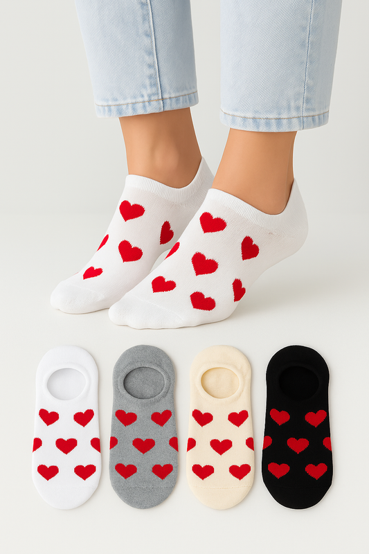Kadın Dikişsiz Soft Pamuk Kalp Desenli 4'lü Sneakers Çorap