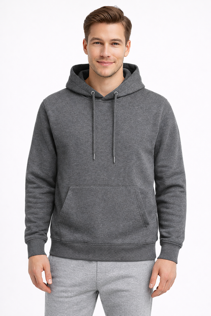 Erkek Füme 3 İplik Pamuklu Kapüşonlu Sweatshirt Basic Hoodie Kanguru Cepli