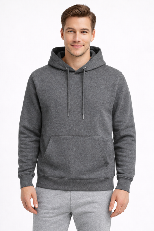 Erkek Füme 3 İplik Pamuklu Kapüşonlu Sweatshirt Basic Hoodie Kanguru Cepli