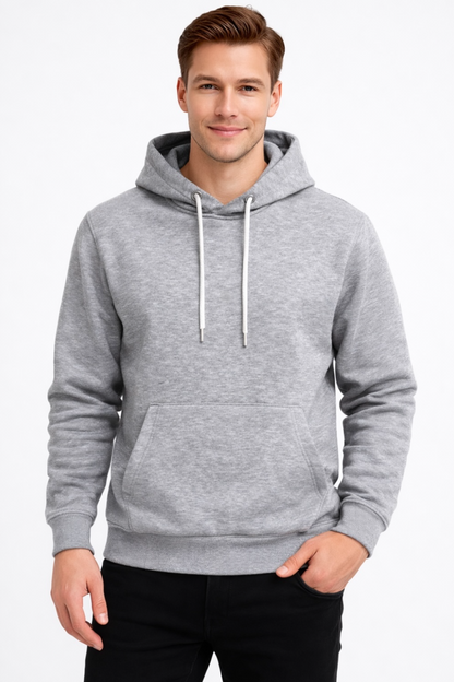 Erkek Gri 3 İplik Pamuklu Kapüşonlu Sweatshirt Basic Hoodie Kanguru Cepli