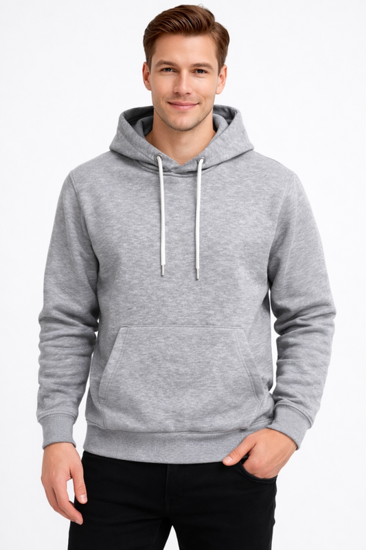 Erkek Gri 3 İplik Pamuklu Kapüşonlu Sweatshirt Basic Hoodie Kanguru Cepli