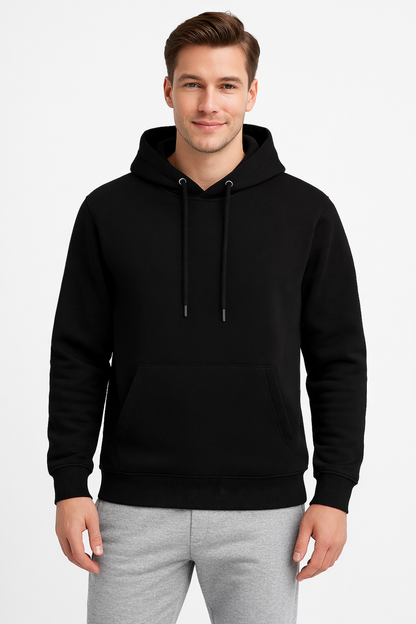 Erkek Siyah 3 İplik Pamuklu Kapüşonlu Sweatshirt Basic Hoodie Kanguru Cepli
