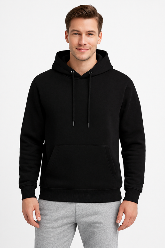 Erkek Siyah 3 İplik Pamuklu Kapüşonlu Sweatshirt Basic Hoodie Kanguru Cepli