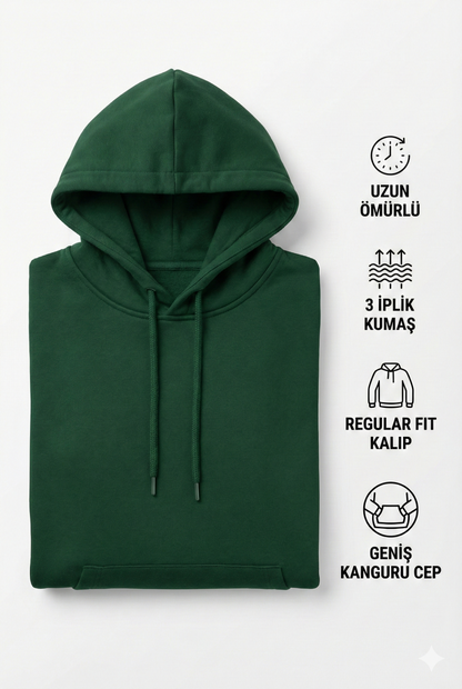 Erkek Koyu Yeşil 3 İplik Pamuklu Kapüşonlu Sweatshirt Basic Hoodie Kanguru Cepli
