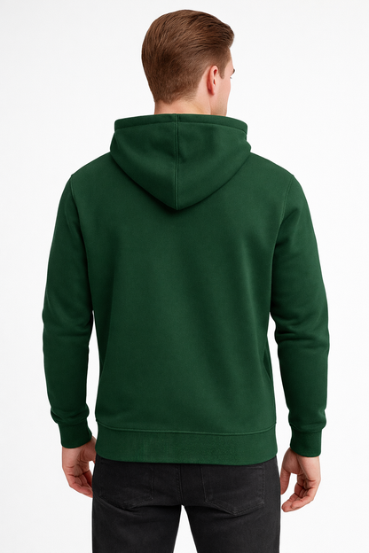 Erkek Koyu Yeşil 3 İplik Pamuklu Kapüşonlu Sweatshirt Basic Hoodie Kanguru Cepli