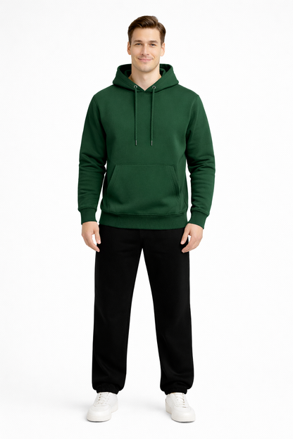 Erkek Koyu Yeşil 3 İplik Pamuklu Kapüşonlu Sweatshirt Basic Hoodie Kanguru Cepli