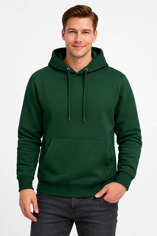 Erkek Koyu Yeşil 3 İplik Pamuklu Kapüşonlu Sweatshirt Basic Hoodie Kanguru Cepli