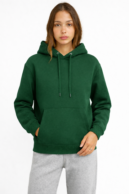 Kadın Koyu Yeşil 3 İplik Pamuklu Kapüşonlu Sweatshirt Basic Hoodie Kanguru Cepli